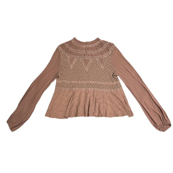 Free People Tops - Free People English Rose Crochet Peplum Tan Lace Detail Blouse